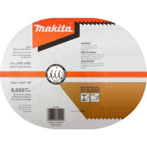 Makita Makita INOX Thin Cut-Off Wheel, 60 Grit, Type 1, 9in Dia x 5/64inT x 7/8in Cntr Hole Dia, 10/Pk B-12675-10